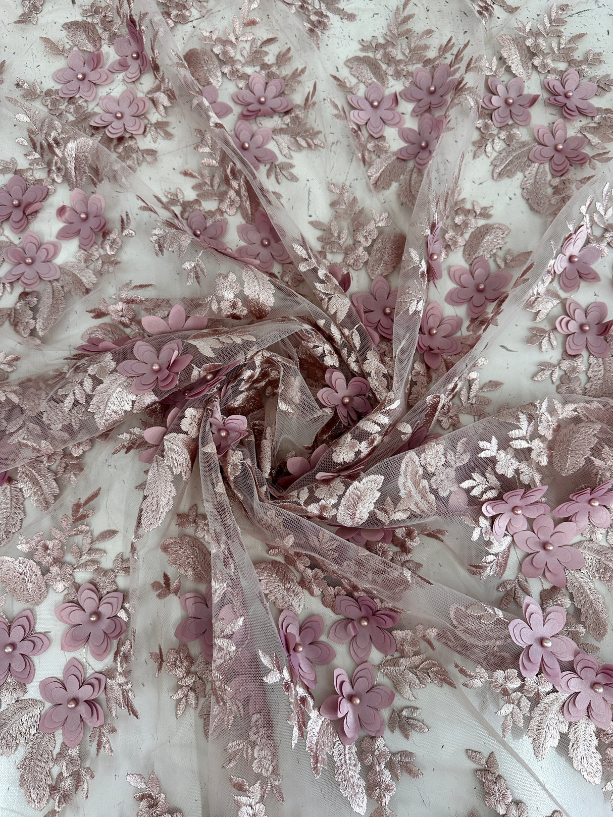 3D Flower Scalloped Mesh Lace Blush