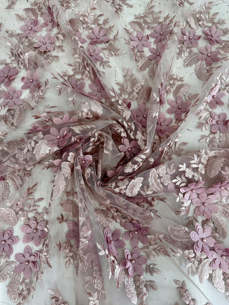 3D Flower Scalloped Mesh Lace Blush