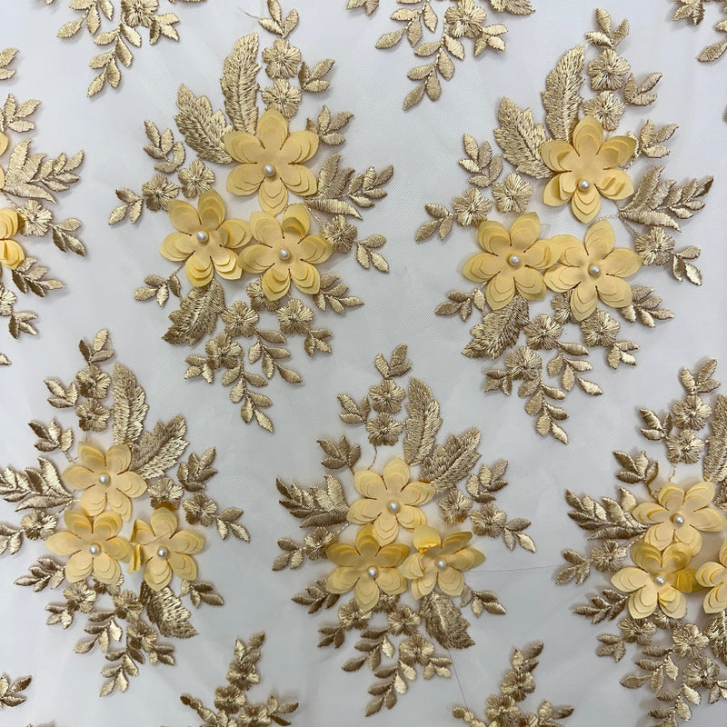 3D Flower Scalloped Mesh Lace Gold