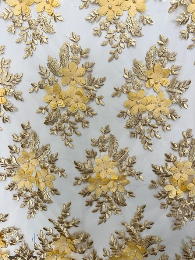 3D Flower Scalloped Mesh Lace Gold