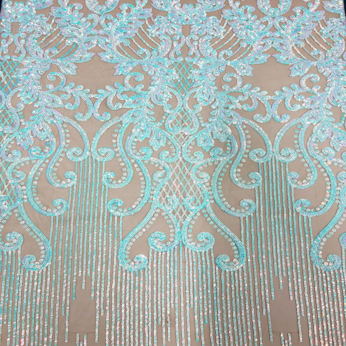 Alta Striped Damask Stretch Sequins Nylon Spandex Mesh Fabric - Pearl Blue Iridescent, Striped Damask, 60" Width (1 Yard)