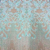 Alta Striped Damask Stretch Sequins Nylon Spandex Mesh Fabric - Pearl Blue Iridescent, Striped Damask, 60" Width (1 Yard)