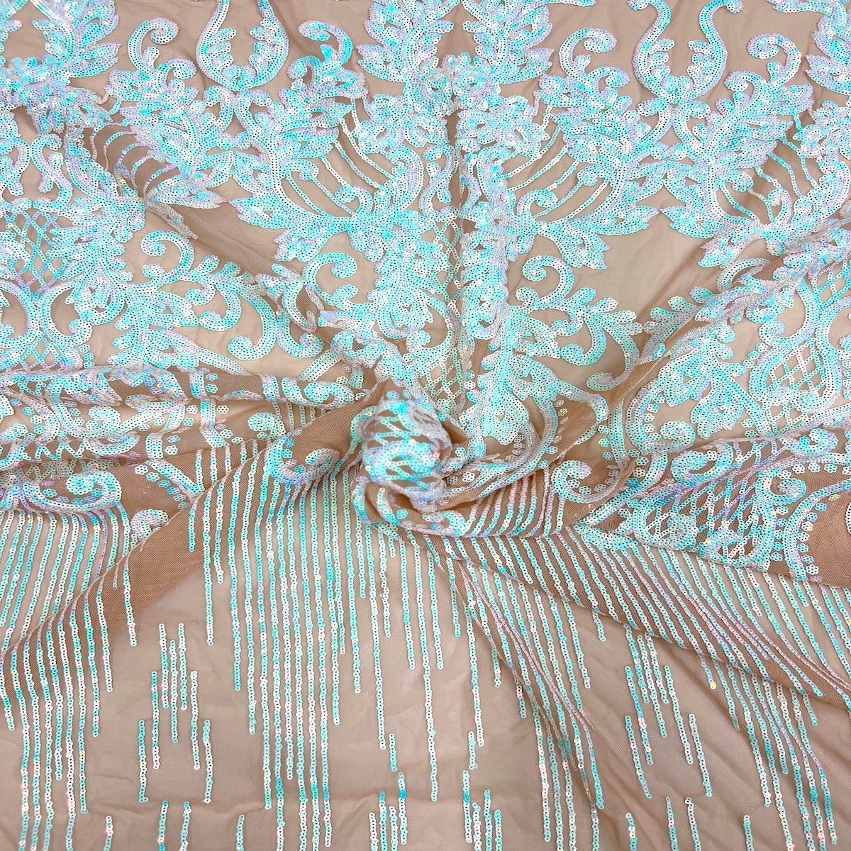 Alta Striped Damask Stretch Sequins Nylon Spandex Mesh Fabric - Pearl Blue Iridescent, Striped Damask, 60" Width (1 Yard)