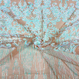 Alta Striped Damask Stretch Sequins Nylon Spandex Mesh Fabric - Pearl Blue Iridescent, Striped Damask, 60" Width (1 Yard)