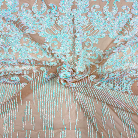 Alta Striped Damask Stretch Sequins Nylon Spandex Mesh Fabric - Pearl Blue Iridescent, Striped Damask, 60" Width (1 Yard)