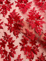 3D Floral Scalloped Mesh Lace Red