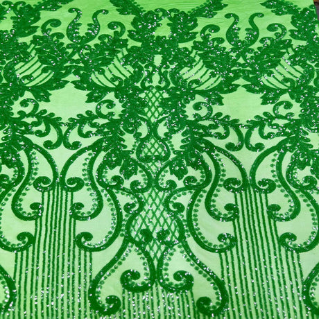 Alta Striped Damask Stretch Sequins Nylon Spandex Mesh Fabric - Pearl Blue Iridescent, Striped Damask, 60" Width (1 Yard)