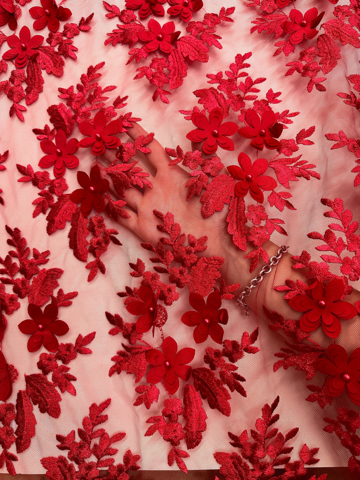 3D Floral Scalloped Mesh Lace Red