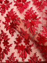 3D Floral Scalloped Mesh Lace Red
