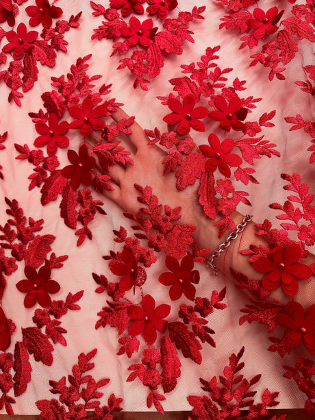3D Floral Scalloped Mesh Lace Red