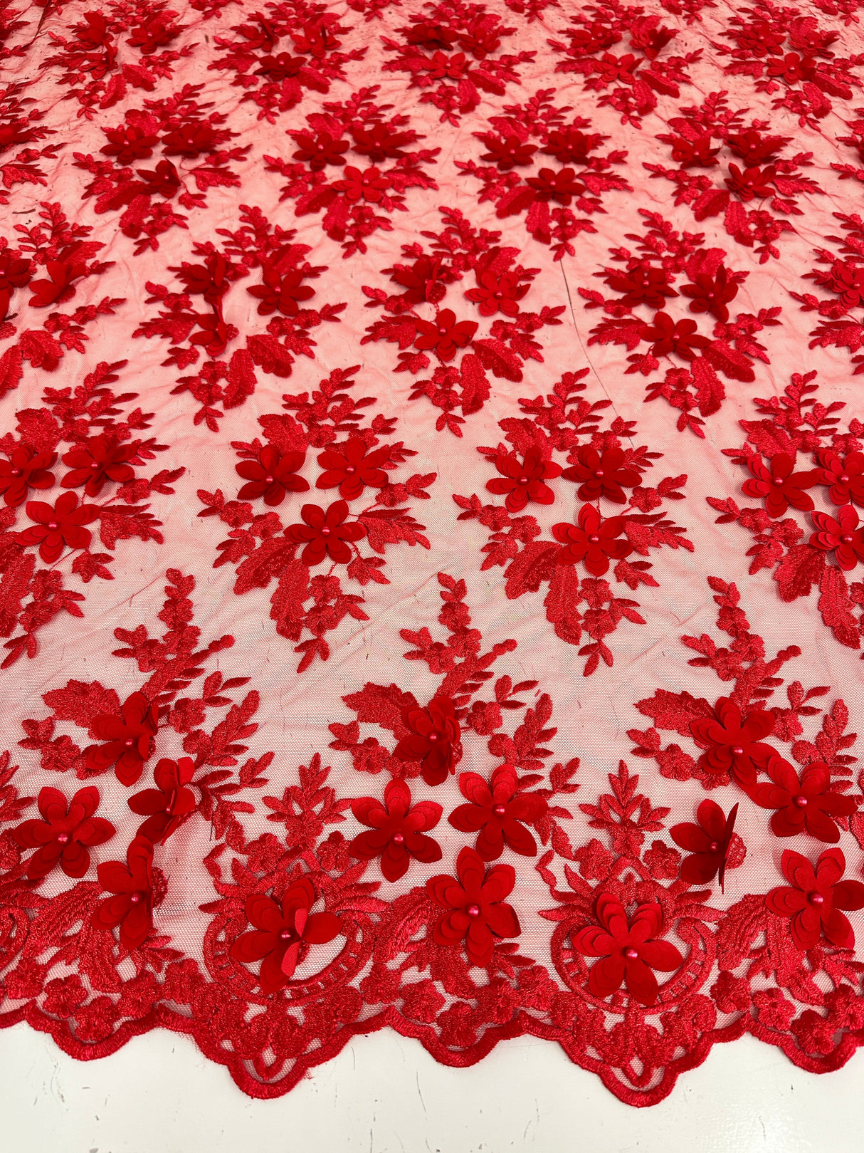 3D Floral Scalloped Mesh Lace Red
