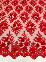 3D Floral Scalloped Mesh Lace Red