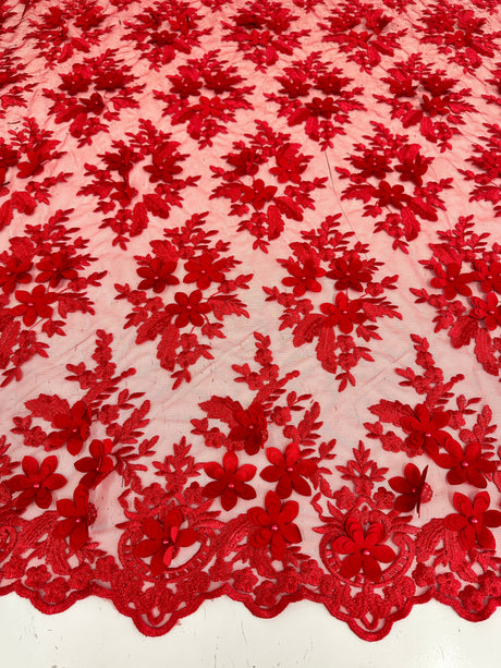 3D Floral Scalloped Mesh Lace Red