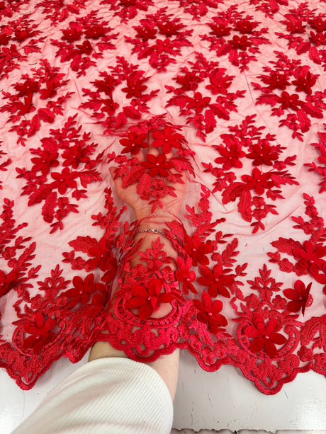 3D Floral Scalloped Mesh Lace Red