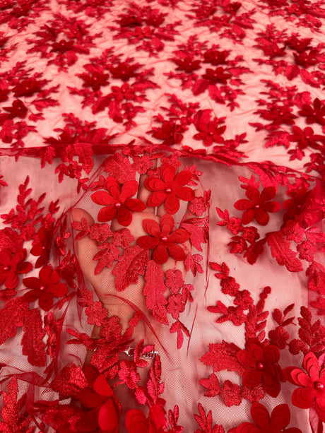 3D Floral Scalloped Mesh Lace Red