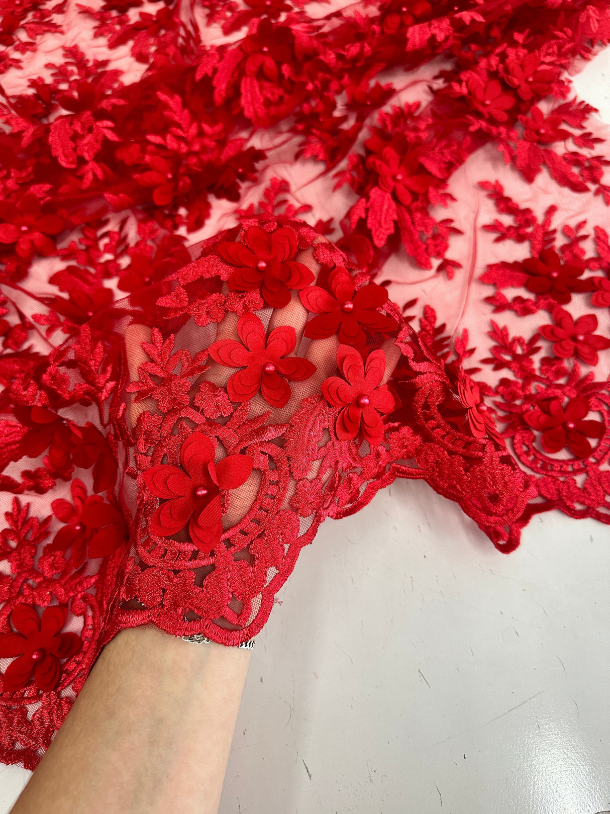 3D Floral Scalloped Mesh Lace Red