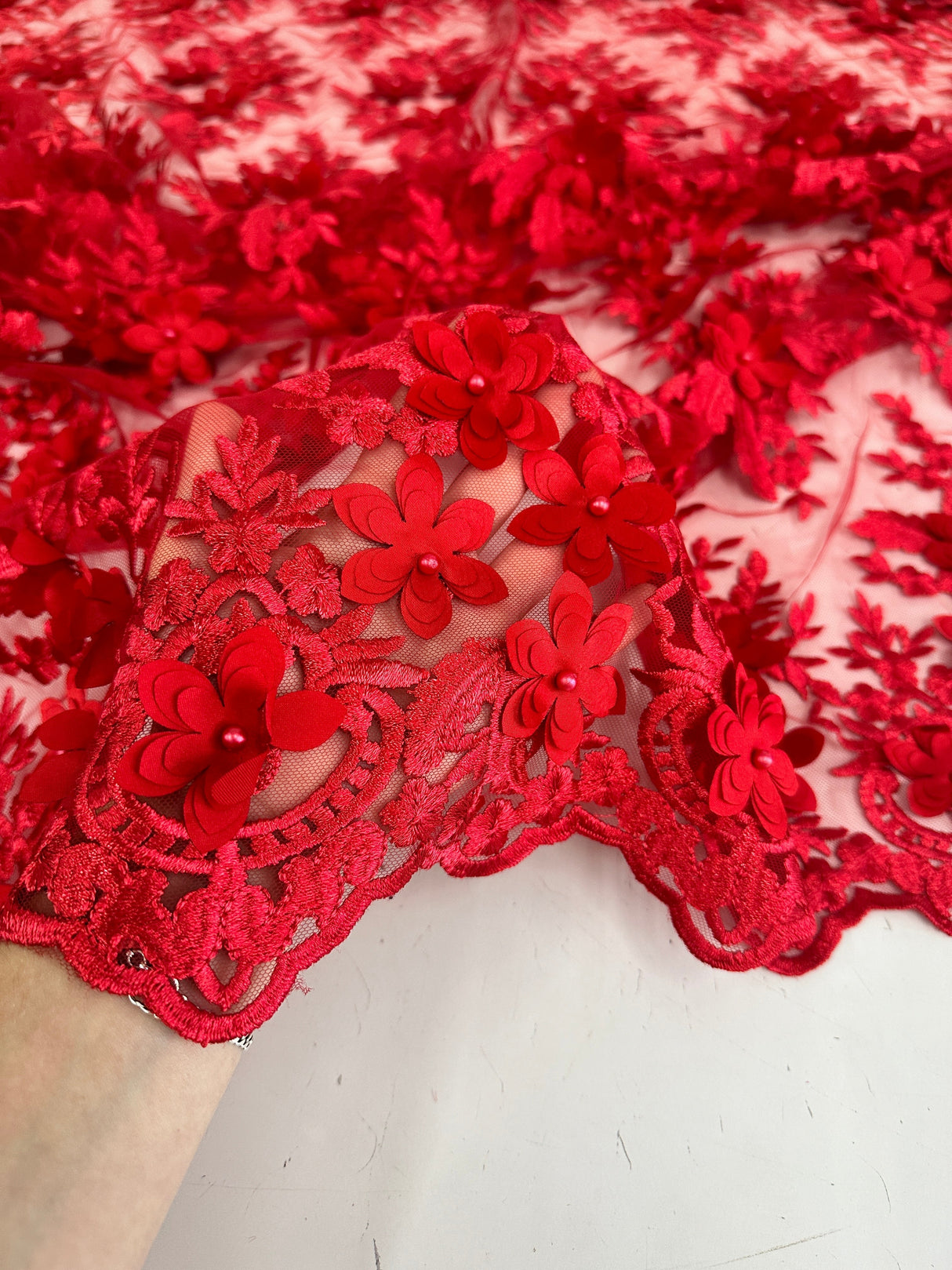3D Floral Scalloped Mesh Lace Red