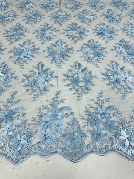 3D Flower Scalloped Mesh Lace Baby Blue