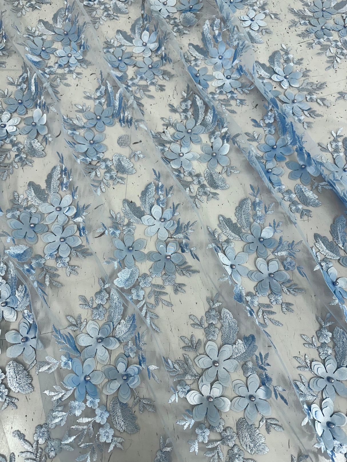 3D Flower Scalloped Mesh Lace Baby Blue