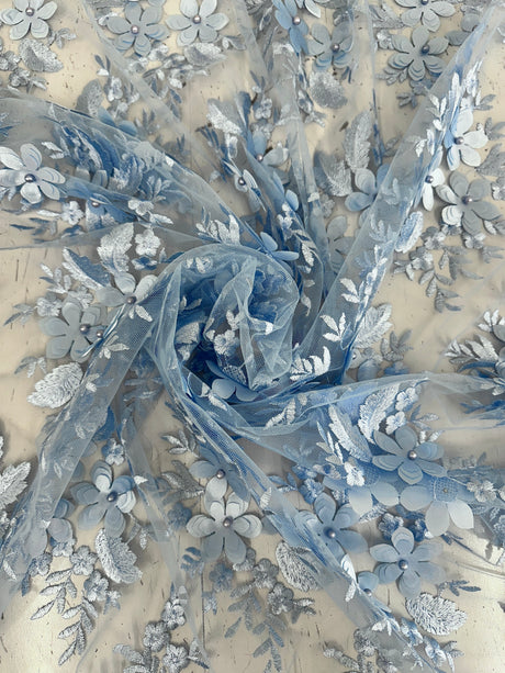 3D Flower Scalloped Mesh Lace Baby Blue