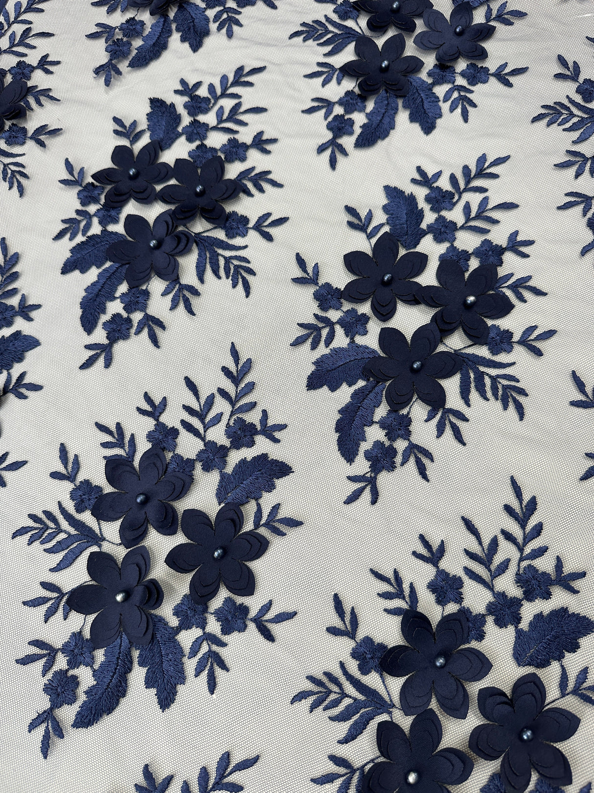 3D Flower Scalloped Mesh Lace Navy