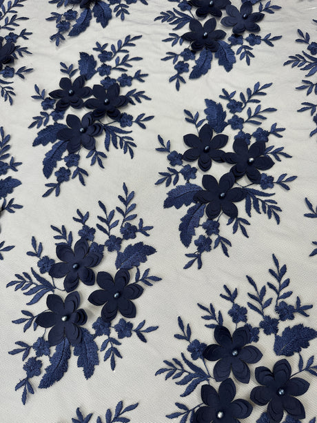 3D Flower Scalloped Mesh Lace Navy