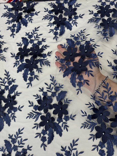 3D Flower Scalloped Mesh Lace Navy