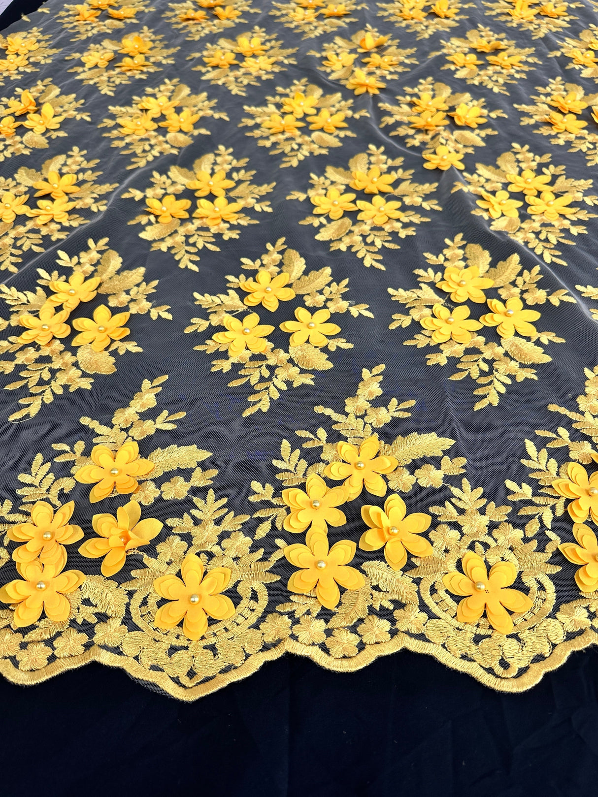 Yellow 3D Floral Scalloped Mesh Lace