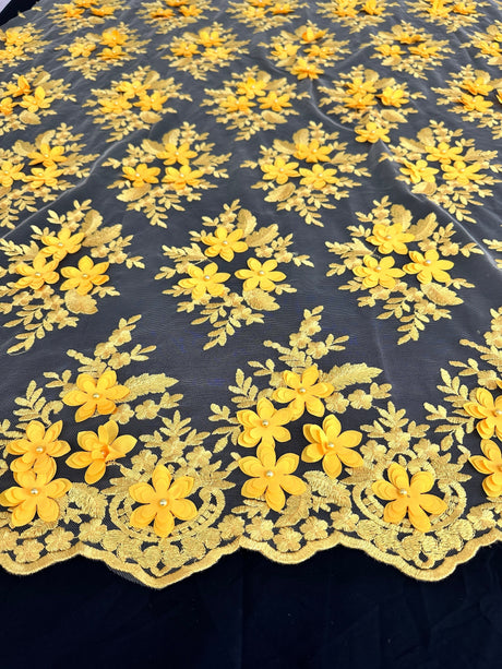 Yellow 3D Floral Scalloped Mesh Lace
