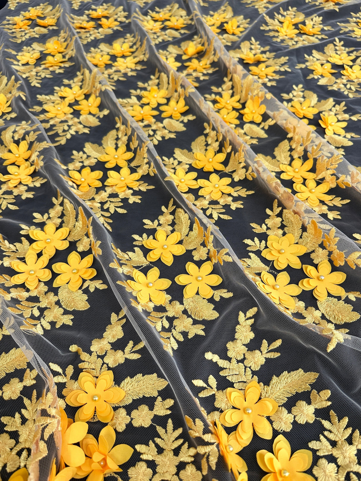 Yellow 3D Floral Scalloped Mesh Lace