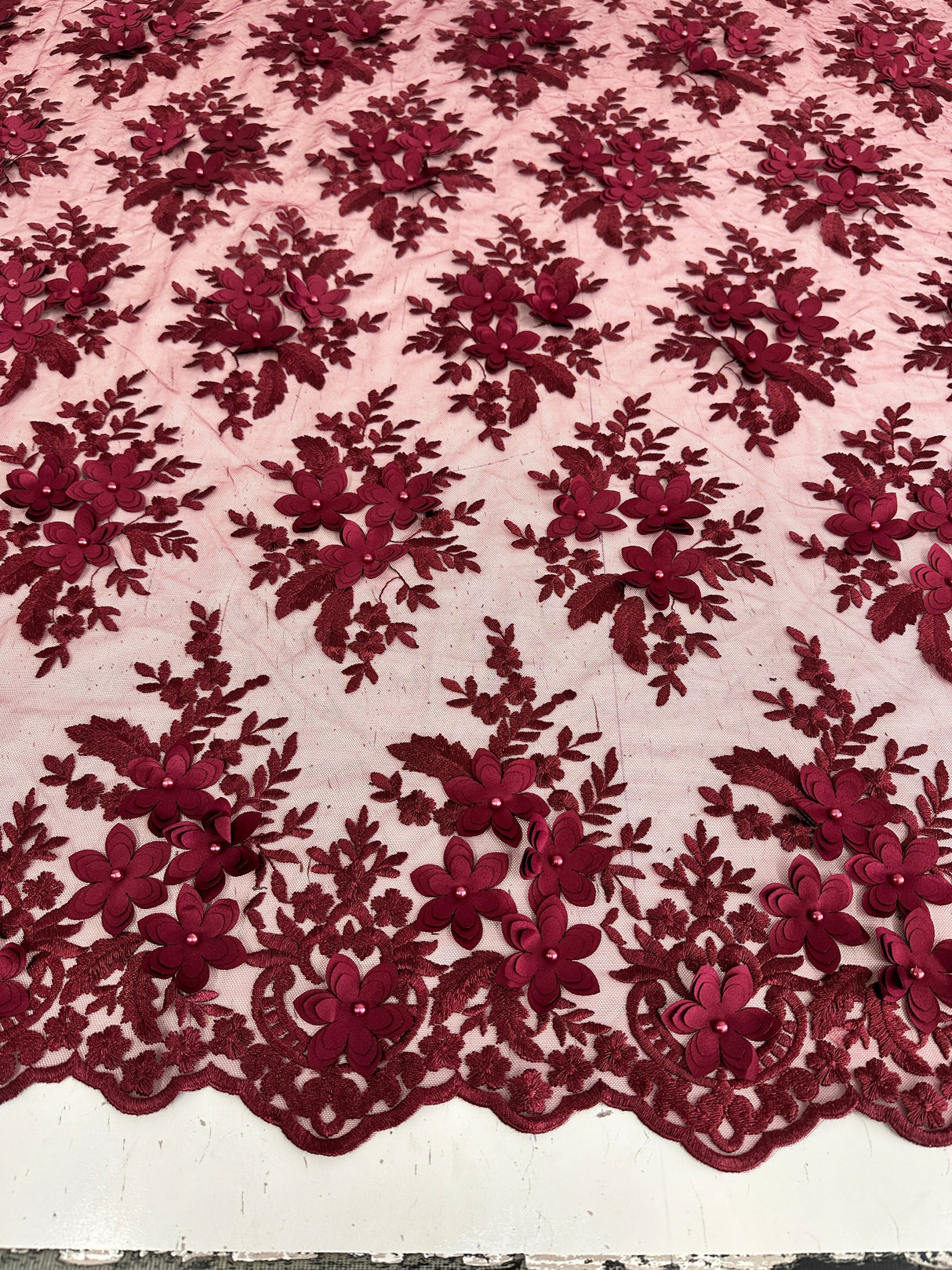 Burgundy 3D Flower Scalloped Mesh Lace