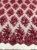 Burgundy 3D Flower Scalloped Mesh Lace