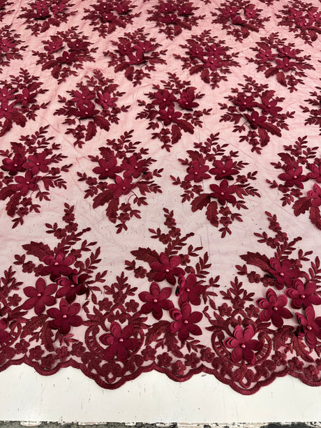 Burgundy 3D Flower Scalloped Mesh Lace
