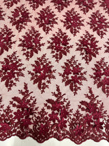 Burgundy 3D Flower Scalloped Mesh Lace