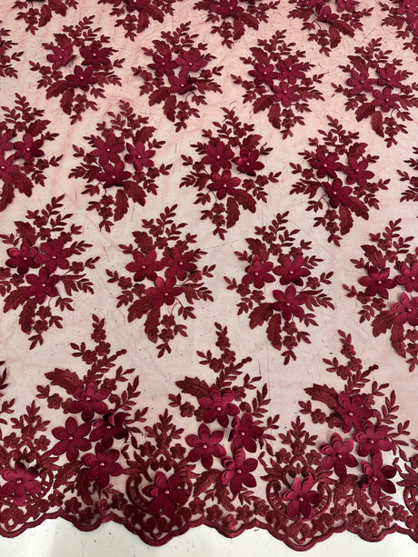Burgundy 3D Flower Scalloped Mesh Lace