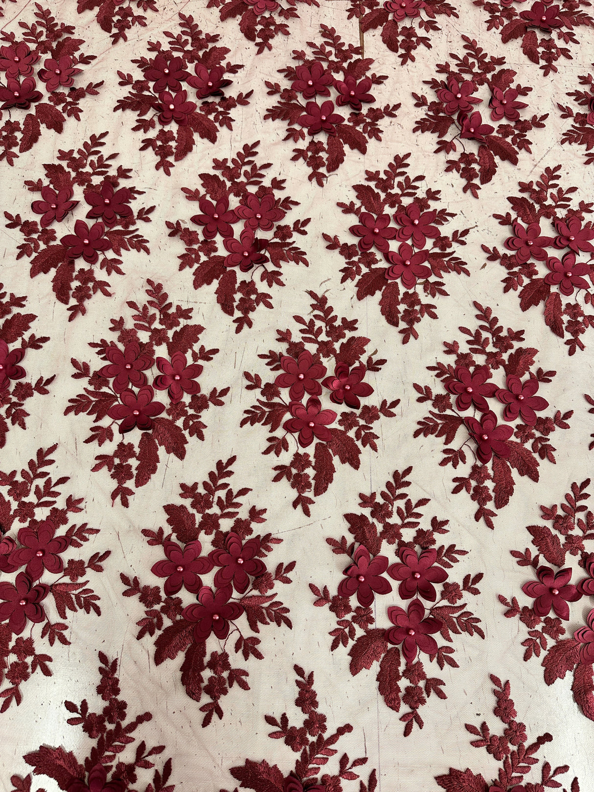 Burgundy 3D Flower Scalloped Mesh Lace