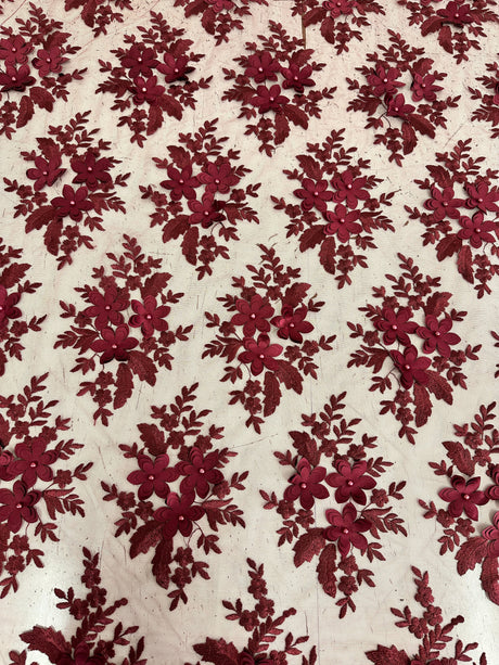 Burgundy 3D Flower Scalloped Mesh Lace