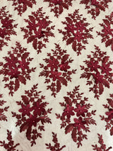 Burgundy 3D Flower Scalloped Mesh Lace
