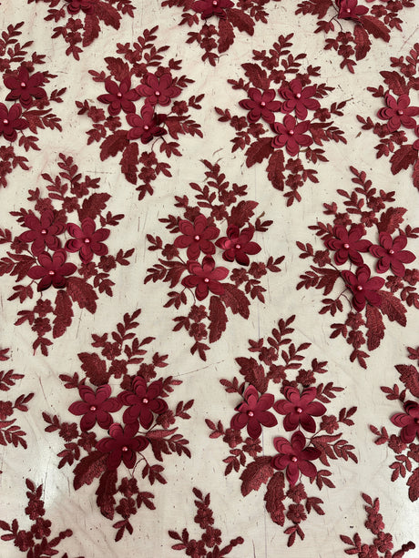 Burgundy 3D Flower Scalloped Mesh Lace