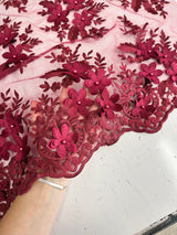 Burgundy 3D Flower Scalloped Mesh Lace