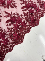 Burgundy 3D Flower Scalloped Mesh Lace