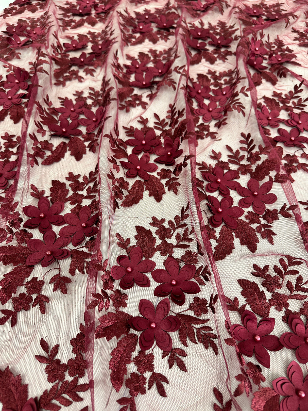 Burgundy 3D Flower Scalloped Mesh Lace