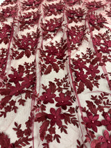 Burgundy 3D Flower Scalloped Mesh Lace