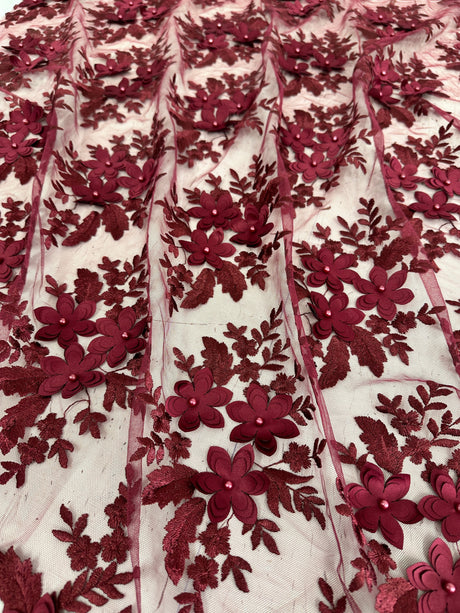 Burgundy 3D Flower Scalloped Mesh Lace