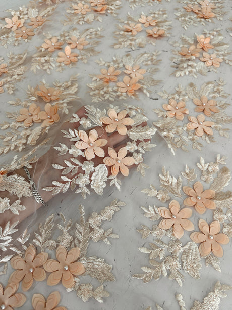 3D Flower Scalloped Mesh Lace Peach