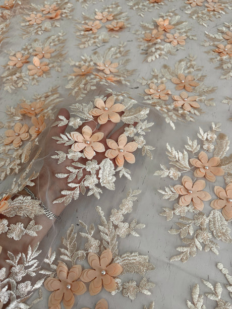 3D Flower Scalloped Mesh Lace Peach