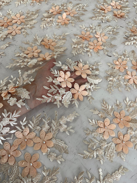3D Flower Scalloped Mesh Lace Peach