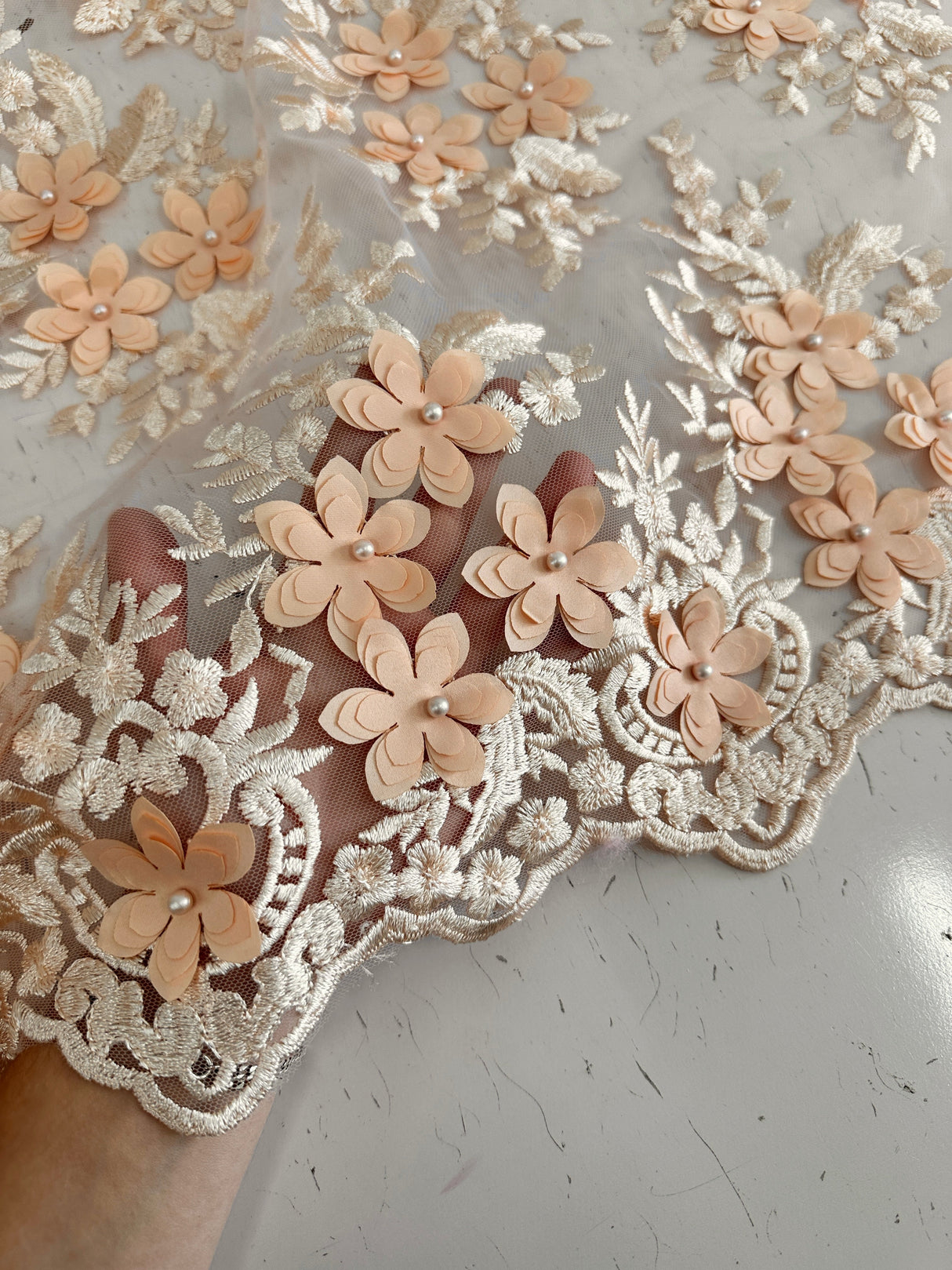 3D Flower Scalloped Mesh Lace Peach