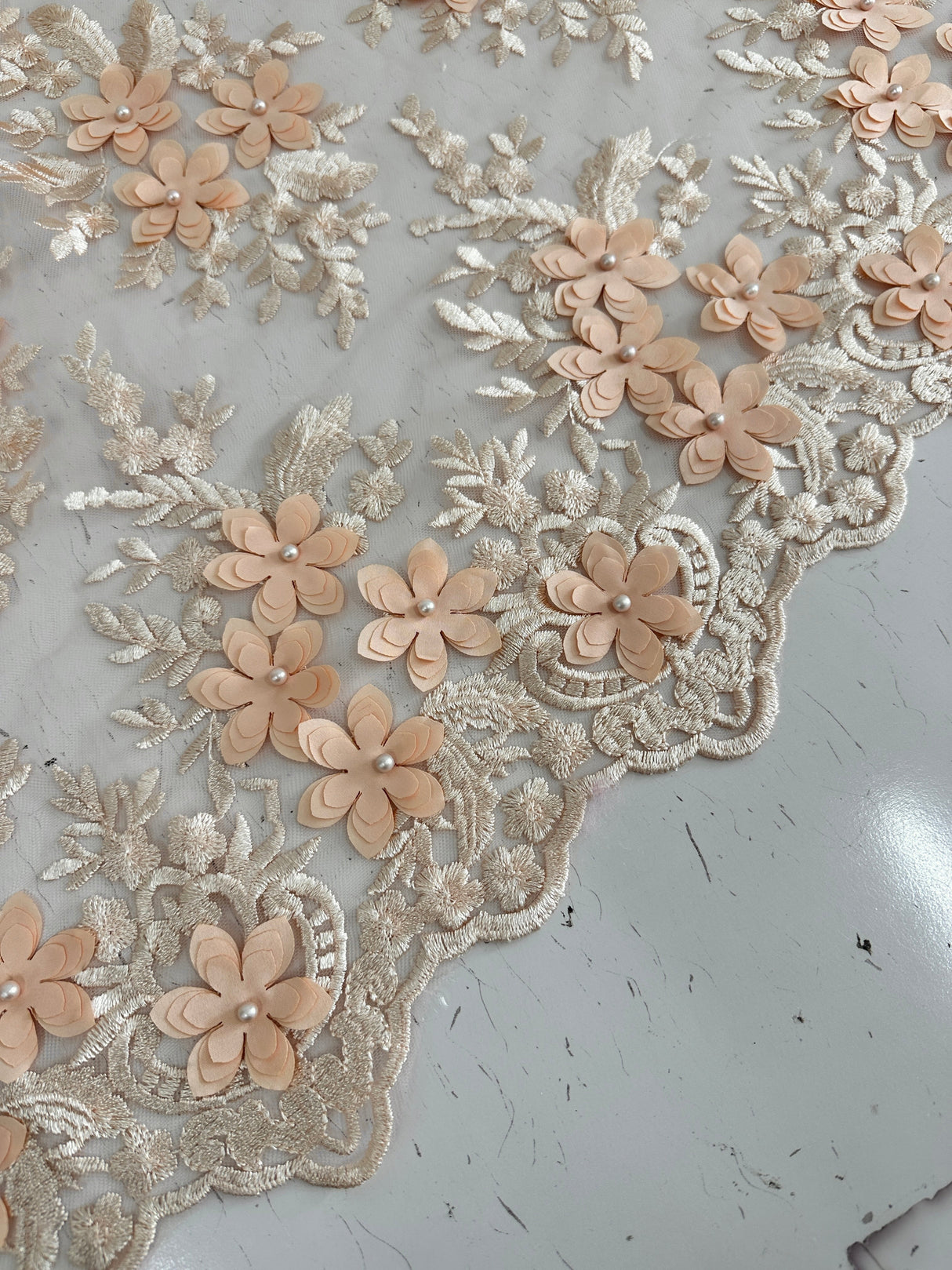 3D Flower Scalloped Mesh Lace Peach
