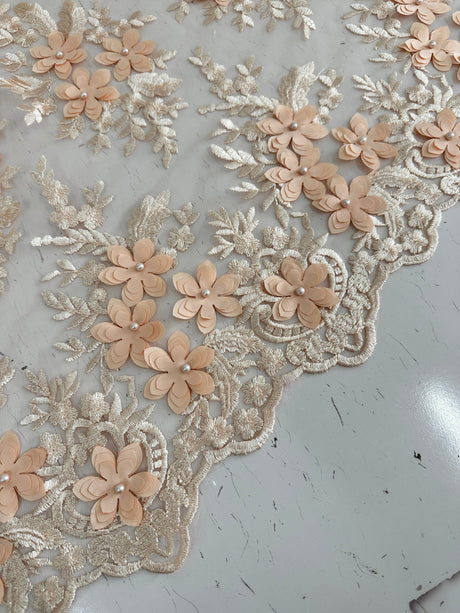 3D Flower Scalloped Mesh Lace Peach